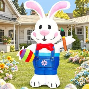 6ft Easter Inflatables Decoration Rabbit with Carrot, Built in LED Lights Easter